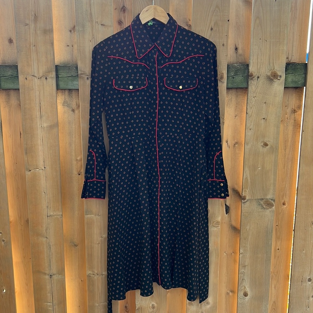 MO&CO size S black dress with red piping and subtle pattern